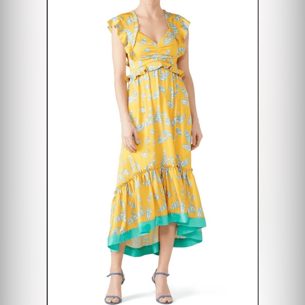 Three Floor Yellow and Blue Floral Maxi Dress